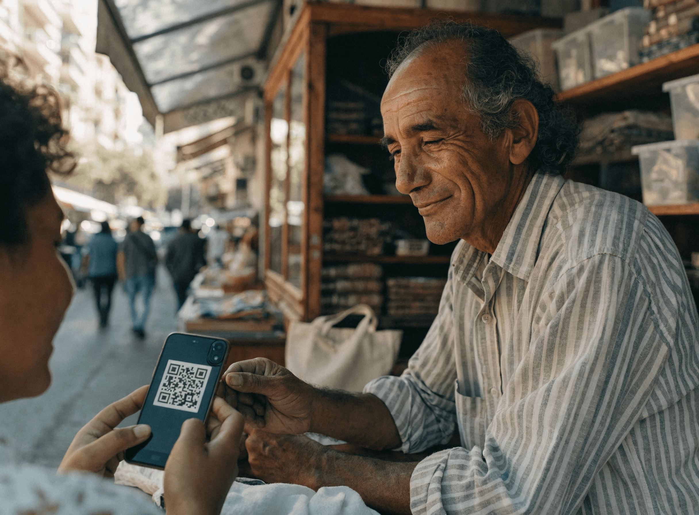 Comerciante aceptando un pago digital por código QR