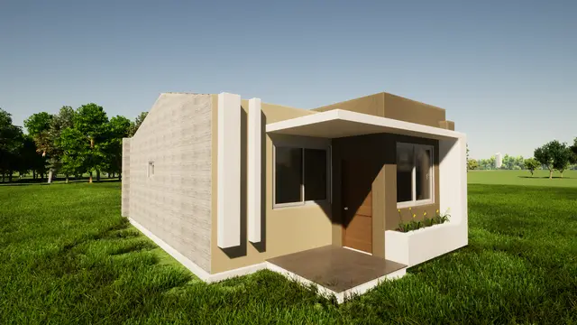 Render de una casa de una planta con porche techado, puerta de madera, dos ventanas frontales y jardinera
